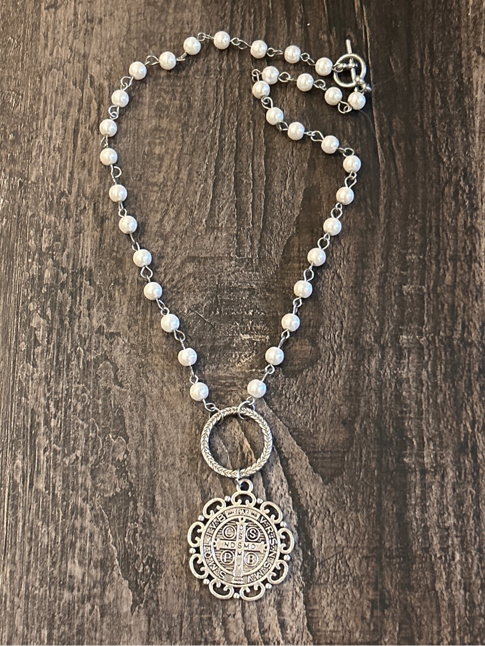 Vintage Saint Benedict Silver Pearl Necklace with Decorative Medallion & Toggle